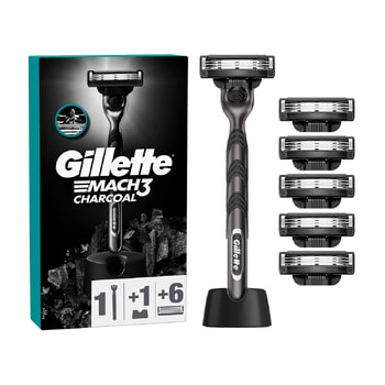 Gillette Mach3 - 6 Replacement Heads with Charcoal Razor & Stand